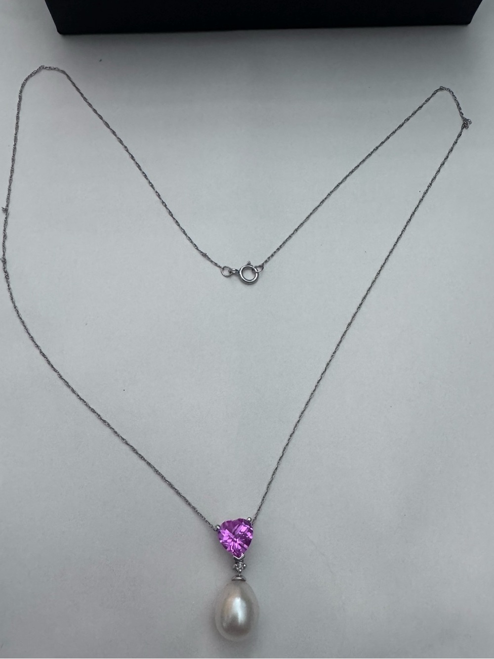 Fine jewelry 10k white gold necklace/pendant pink sapphire fresh water pearl - Picture 4 of 8